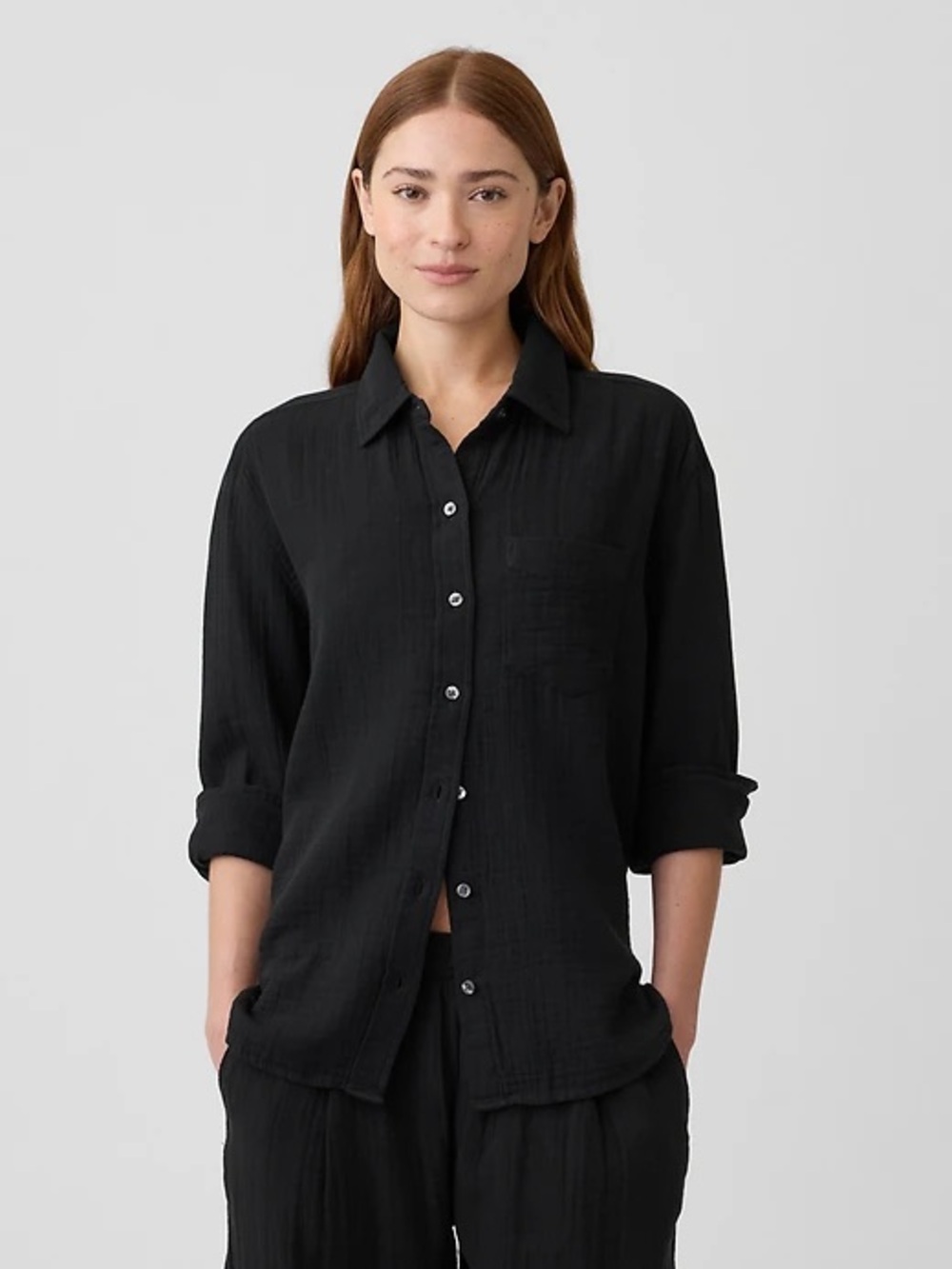 GAP The Big Shirt Gauze Black Oversized Button Down Size Large 100% Cotton